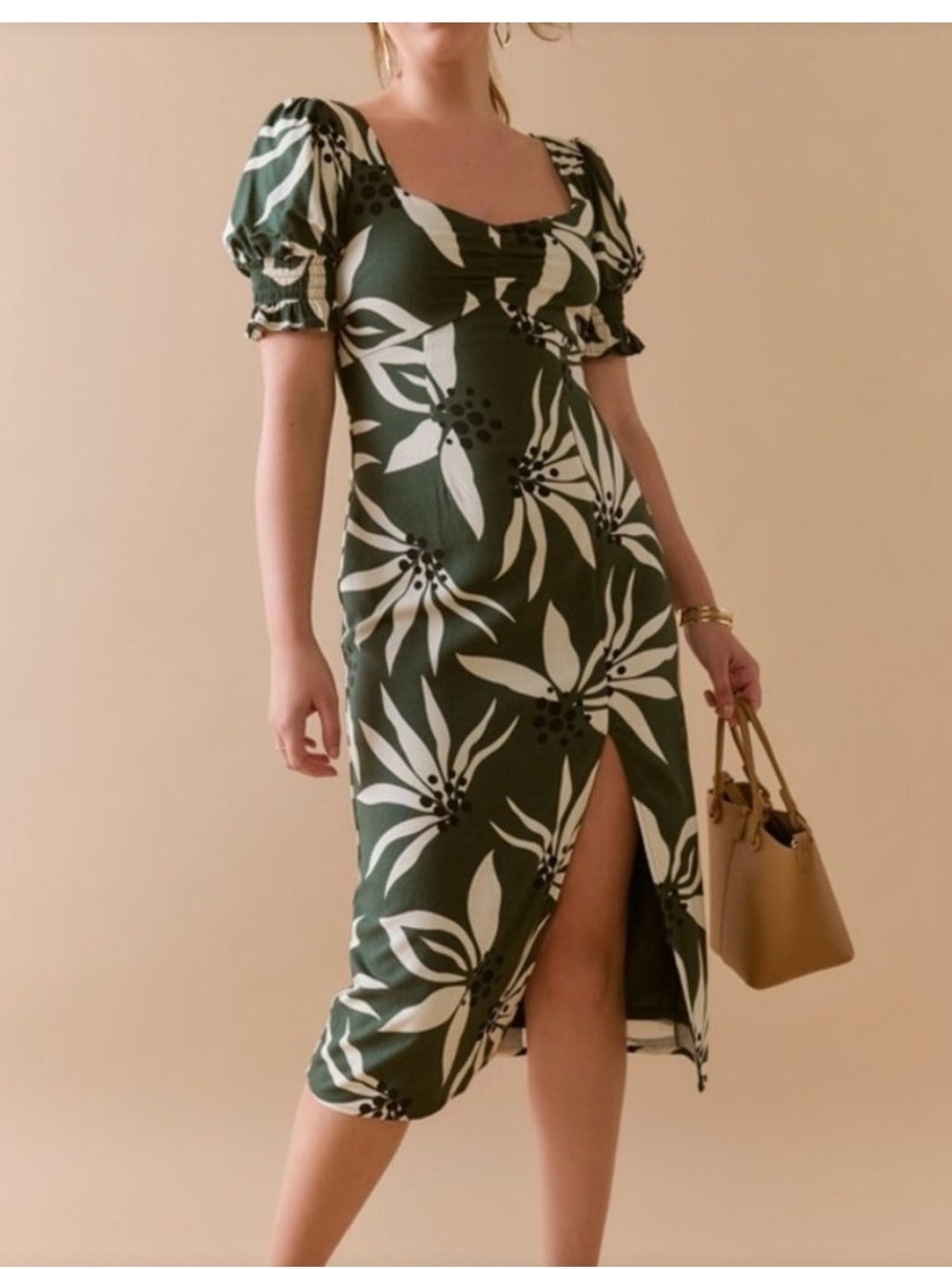 Francescas Audrey Adella Square-Neck Olive Green Floral Midi Dress M